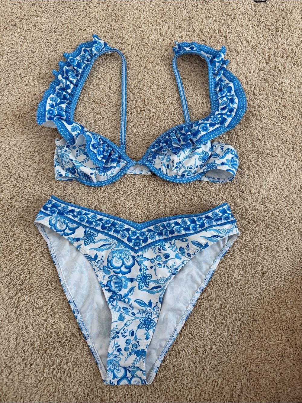 Blue & White Floral Ruffle Bikini Set